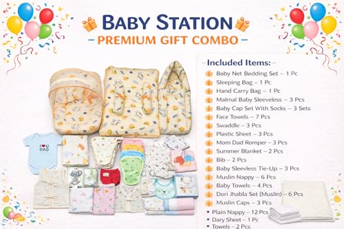 Image of BABY STATION 70 in 1 Premium Newborn Baby Bedding Essentials | Complete Hospital Kit Combo | Daily Needs Baby Gift Set (Pack of 70) (0-6 Months)