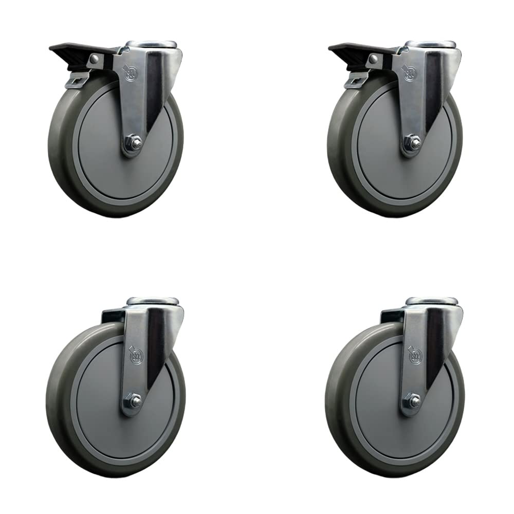 Polyurethane Swivel Bolt Hole Caster Set of 4 w/6" x 1.25" Gray Wheels - Includes 2 with Posi Locking Brakes - 1400 lbs Total Capacity - Service