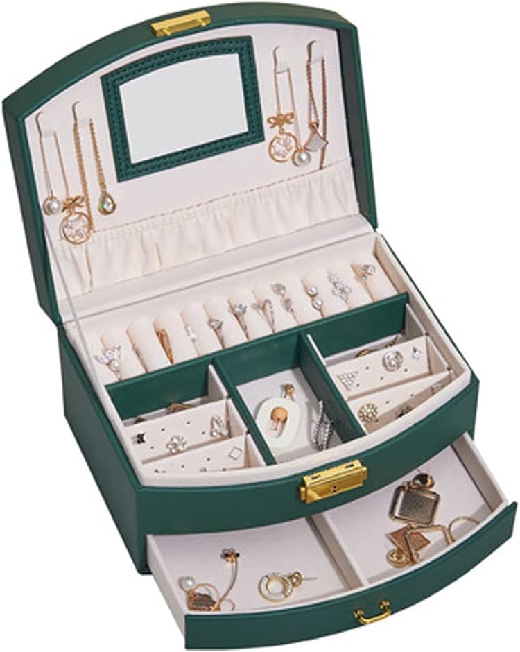 N / E Jewellery Box, Jewelry Organizer with 2 Drawers and Lock, Three Layers Velvet Storage Case, Necklace Hangers Removable Compartment, for Rings Earrings Necklaces Bracelets