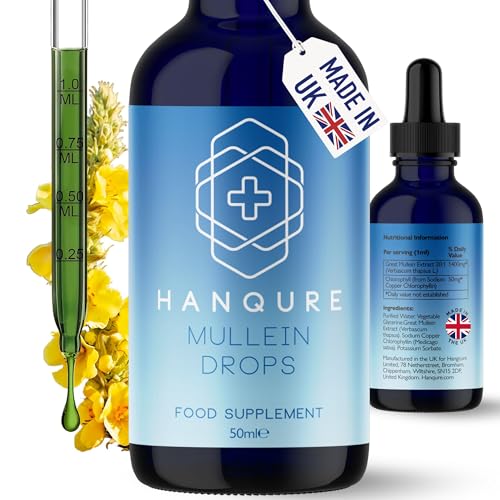 Hanqure Mullein Drops - Mullein Leaf Extract for Lungs with Chlorophyll - UK Made Liquid. Lung Detox & Cleanse Support. 50ml & Vegan Friendly.