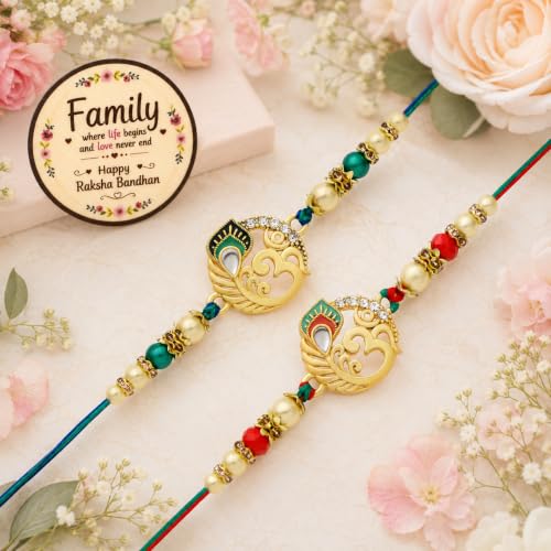 Image of Riddhika Ventures Glorious Gold Plated Auspicious Diamond Ring Rakhi || Traditional Rakhi Set of 2 & Festive Gift || Rakhi Gift Combo for Brother