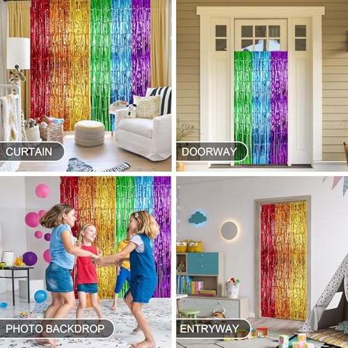 Image of Rainbow Foil Fringe Curtains, 2 Pack 3.3x6.6ft Rainbow Metallic Tinsel Metallic Streamers Holiday Photo Booth Props Backdrop for Rainbow Birthday Wedding Bridal Shower New Years Party Decorations