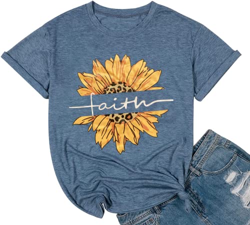 Faith Shirts for Women Sunflower Graphic Tees Cute Letter Print Athletic T-Shirt Summer Casual Short Sleeve Tee Tops-Blue XL