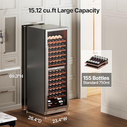 Image of Ca'Lefort Wine Fridge Dual Zone, 155 Bottle 24 Inch Wine Cooler Refrigerator, 40-65F Refrigerator with Glass Door, 3 LED Built-in /Freestanding Fridge for Bar /Kitchen /Resterant (Right-Hinged)