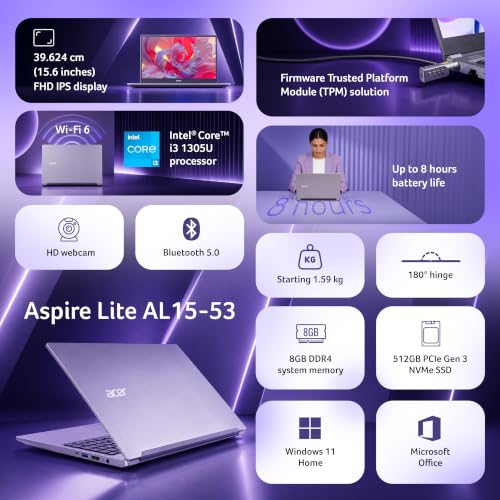 Image of Acer Aspire Lite 13th Gen, Intel Core i3-1305U, Office 2024 + M365 Basic, 8GB DDR4 RAM /512GB SSD, 39.62cm 15.6 inch FHD IPS Display, Win 11 Home, Steel Gray, 1.59 Kg,AL15-53, Thin & Light Laptop