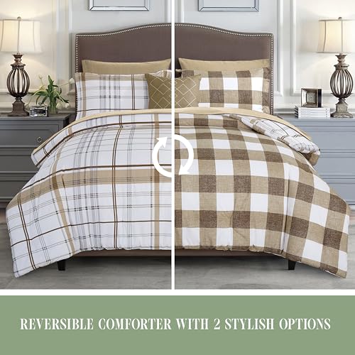 Image of Elegant Comfort 8-Piece Lodge Plaid Reversible Comforter Set - All Season Bed in a Bag, 4-Piece Sheet Set Featuring Smart Pockets, Matching Shams and Decorative Pillow, King /California King, Taupe