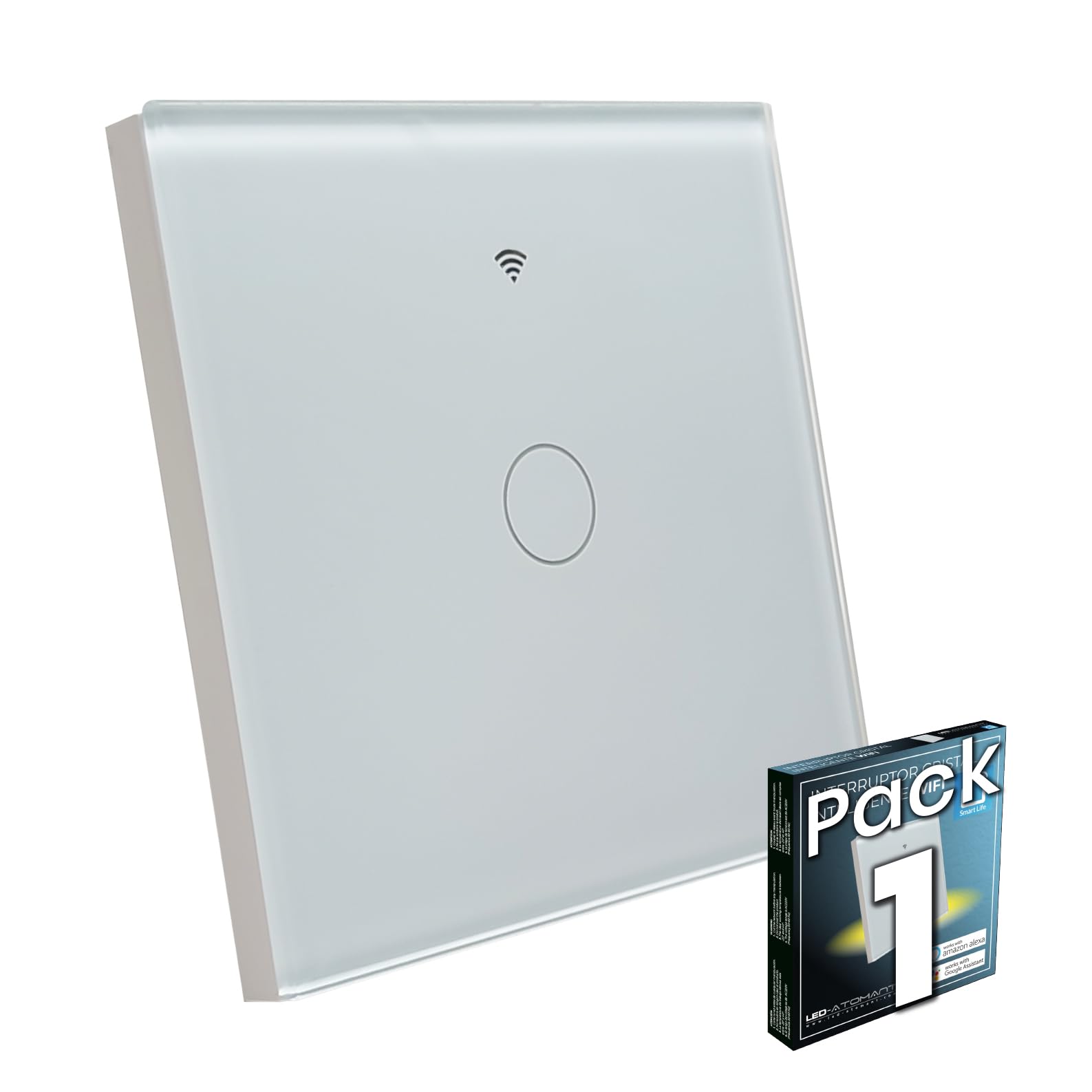 LED ATOMANT Interruptor de Cristal Inteligente Wifi, Sin Cable Neutro, Pulsador de pared, Control Mediante APP Smart Life, Compatible con Alexa y Google Assistant, Pulsador Tactil Iluminacion