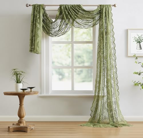 NOIR GOTHIC DECOR Sage Green Lace Window Scarf 216 Inches. LE Sage 216