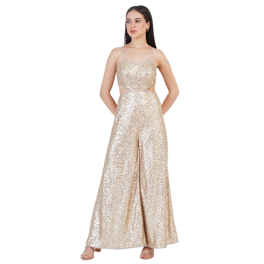 pulseatpink Women Nicole Cut-Out Jumpsuit - Slim Fit Gold Sequin Embellished | Stylish Gold Glam Jumpsuit | Elegant, Comfortable, Show-Stopping Outfit for Festive, Parties & Special Occasions-picture-15