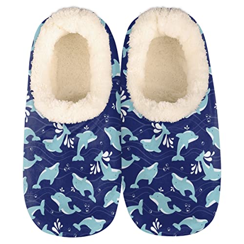 Cute Dolphin Women Closed Back House Slippers, Cartoon Dolphin Womens Mens Winter Indoor Slippers, Soft Cozy Warm Fuzzy Memory Foam Anti-Slip Slippers