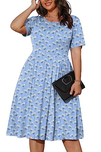 Image of POSESHE Womens Plus Size Summer Dress 2026 Casual Short Sleeve Empire Waist Loose Fit Swing T-Shirt Dress with Pockets