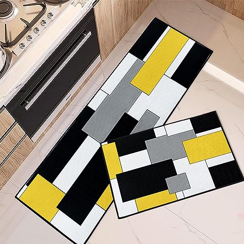 Tayney Yellow Geometric Kitchen Rugs and Mats Non Skid Washable Set of 2, Checked Black Grey Mats for Floor, Rustic Minimalist Runner Rug Modern Abstract Kitchen Decor