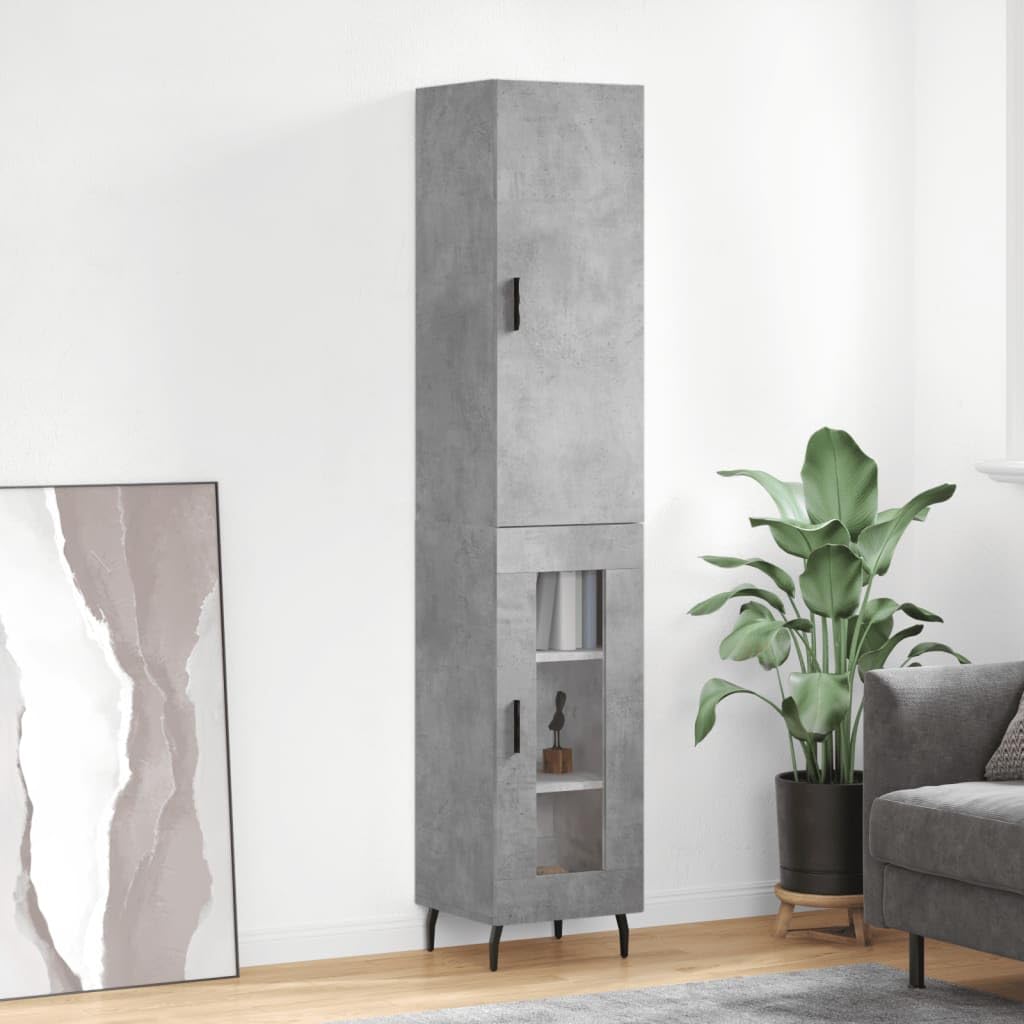 Armadietto alto in legno grigio cemento, 34,5 x 34 x 180 cm, con molto spazio e piedini in metallo, per soggiorno, comò e credenza, elegante armadio da corridoio dal design pratico