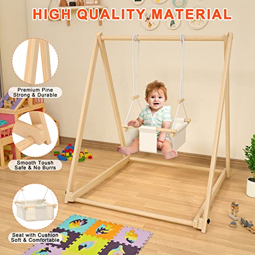 Wooden Toddler Swing Set With Kids Play Tent, Foldable Baby Swing Set With Durable Pine & Velcro, Portable Kid Swing Kids Play Tent Large Kids Playhouse For Toddlers 6-36 Months, Easy To Assemble #TOP4