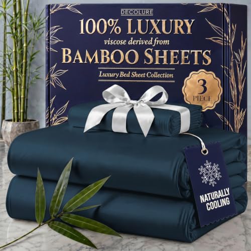 Image of DECOLURE 100% Viscose Derived from Bamboo Sheets Twin Size - Luxury 3 Pc Naturally Cooling Sheets, Ultra Soft Bed Set - Deep 17 inch Pockets, Durable Double Stitching, Oeko Tex Standard (Navy Blue)