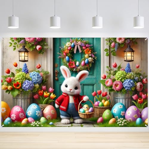Image of Nuxovilar Easter Bunny Wreath Banner 43x70.8 Inches Polyester
