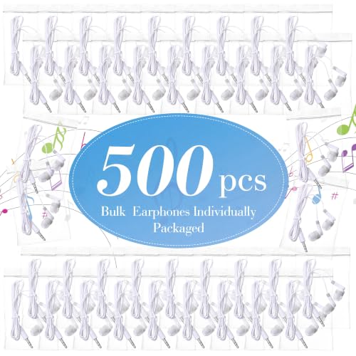 Image of Konohan 500 Pcs Bulk Earbuds with Wire Basic Headphones in Ear for Libraries Laptop, No Microphone 3.5 mm Jack Earbuds Dot Headphones, Individually Bagged (White)
