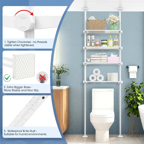 Image of SUNALLY Over The Toilet Storage Shelf, 4-Tier Adjustable Over Toilet Bathroom Organizer,Tension-Mounted Bathroom Storage Rack for Ceilings, No Drill Space-Saving Shelving for Small Rooms,White