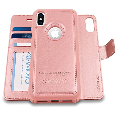 AMOVO Case for iPhone Xs/iPhone X (5.8’’) [2 in 1] iPhone Xs Wallet Case [Detachable Folio] [Vegan Leather] [Wrist Strap] iPhone X Flip Case (X/XS (5.8'') Rosegold)