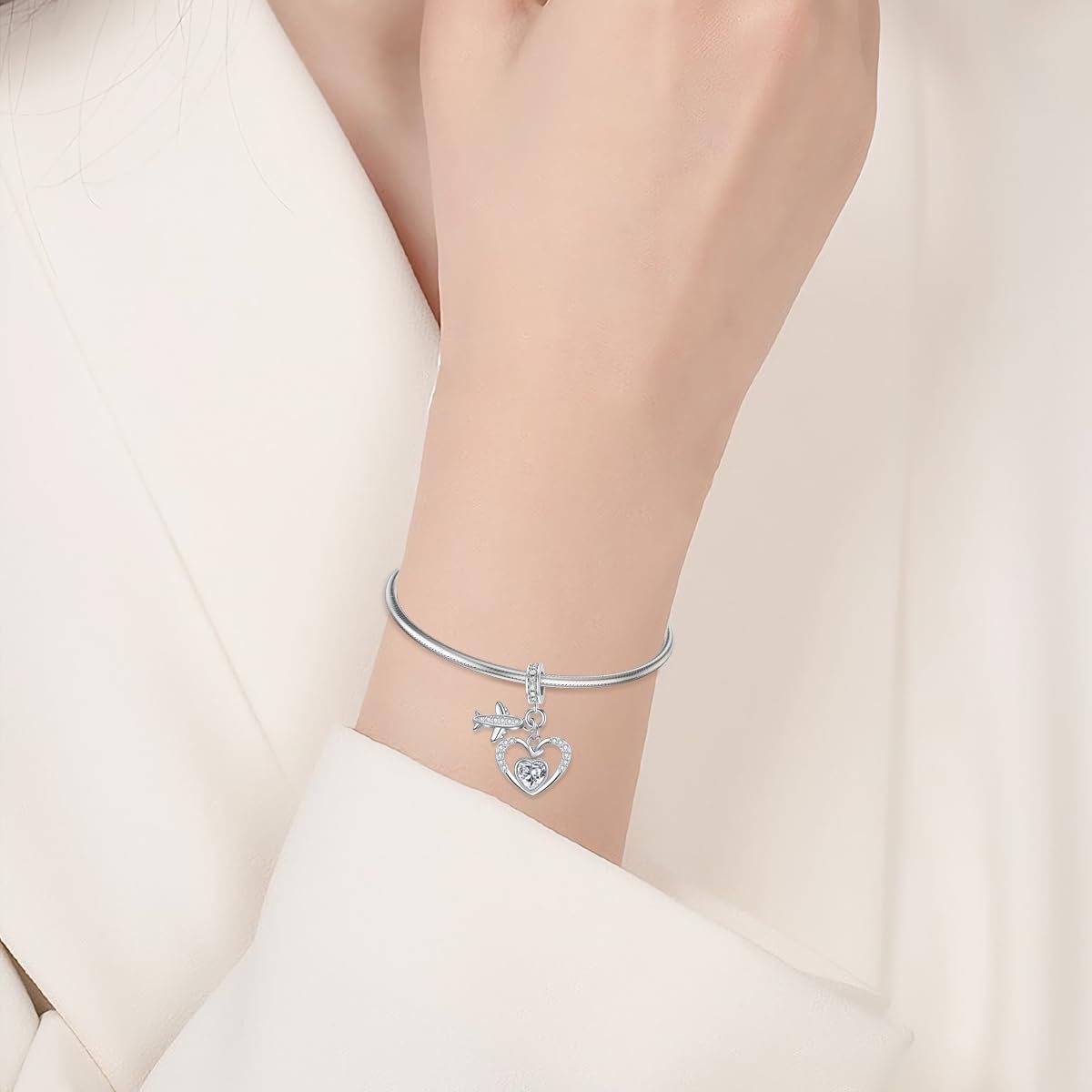 PROESS Birthstone Heart Charm with Airplane Charms for Bracelets Sterling Silver Heart Beads for Women Mom Lover