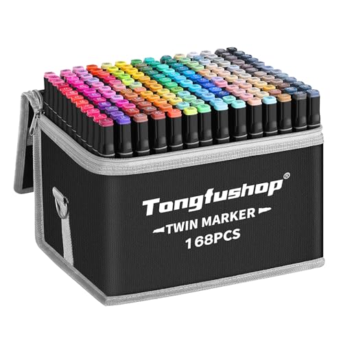 Tongfushop Feutres Alcool, 168 Couleurs Feutre a Alcool Pointe Double, 2S Séchage Rapide Marqueur avec Pochette de Transport et Espaceur, Feutre Coloriage Adulte pour Croquis Coloriage Calligraphie