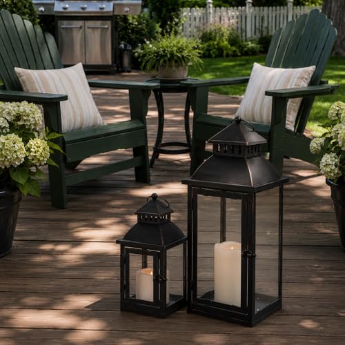 Image of NEEDOMO Lanterns Decorative Outdoor&Indoor, Set of 2 Large Bronze Metal Lantern Decor with Glass, Candle Holder for Porch, Patio, Garden, Balcony, Wedding, Table Centerpiece Decor with LED Candles