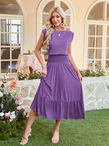 Image of Kikibell Womens Summer Dresses Cap Sleeve Elastic Waist Midi Dress with Pocket Long Causal Sundress Beach Vacation Outfits