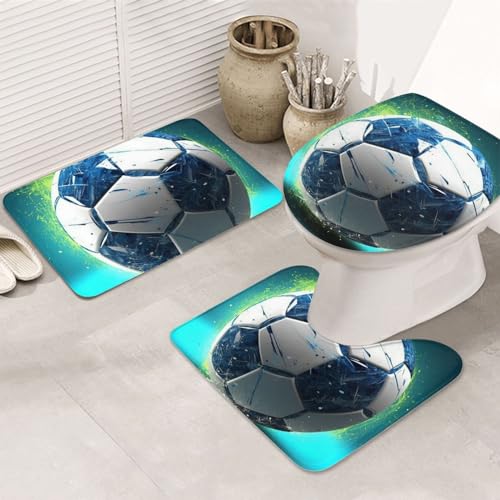 Dwrepo Cool Soccer Ball Print Bathroom Rug Set 3 Piece with Non-Slip U-Shaped Contour Mat and Toilet Lid Cover for Bathroom Decoration