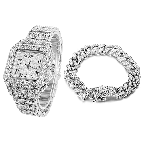 HALUKAKAH Diamanti Orologio Oro, Uomo Placcato Oro Bianco Platino 40MM Largo Quadrato Componi Quarzo Cinturino 24cm con Link Cubano Catena 20cm Bracciale Set, con Scatola Regalo