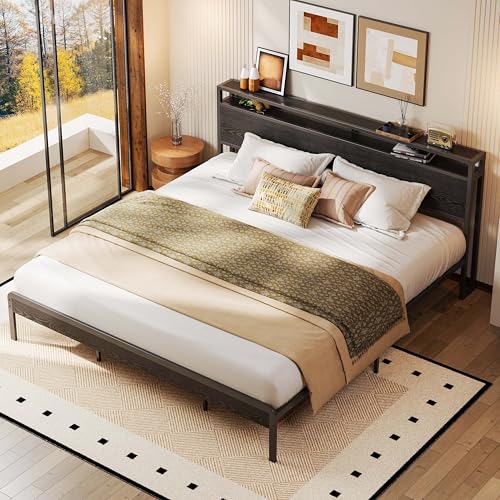 Image of LIKIMIO California King Bed Frame with Headboard, Dark Wood Camas California King with Strong Supports, Sturdy, Noise-Free, No Box Spring Needed, Black