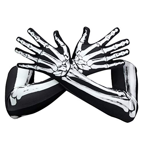 Gryphone House Halloween Long Gloves Skeleton Bone Gloves Full Finger Gloves for Halloween Party Fancy Dress Costume Accessories Black