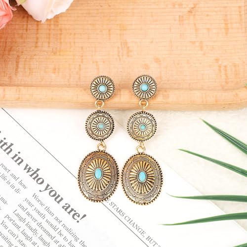 Western Earrings for Women, Oval Synthetic Turquoise Dangle Earrings Vintage Country Concert Concho Dangling Earring Nashville Cowboy Rodeo Outfit Dress Jewelry Gifts Accessories for Cowgirls3