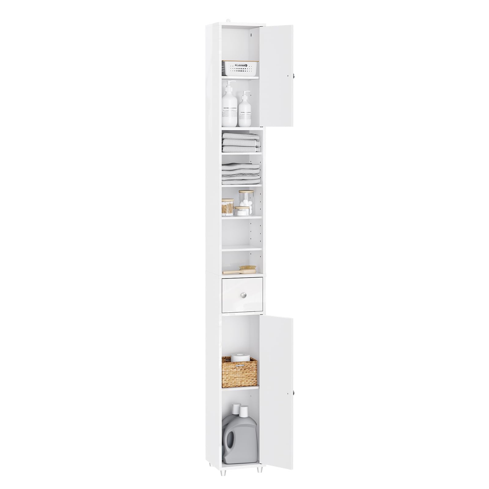 SoBuy Blanco Brillante Mueble Baño Estrecho Armario Columna 20x20x180cm | Estantería de Baño Alta con Cajón y Balda Ajustable Armario Auxiliar BZR167-GW