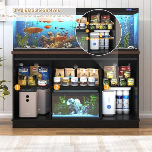 Image of Hlivelood Farmhouse 55-75 Gallon Fish Tank Stand with Power Outlet, Aquarium Stand w /Cabinet&Sliding Barn Door, Heavy Duty Reptile Tank Stand for Fish /Turtle /Reptile Terrarium, 1000LB Capacity, Black