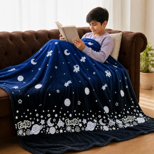 Image of Famyo GlowMaxx AC Blanket for Kids, Glow in the Dark Soft Flannel Blanket | 200x152 cm Double Bed Size | Lightweight Winter Blanket for AC Rooms, Lab-Tested & Skin-Friendly for Kids