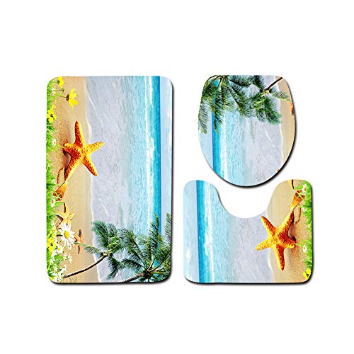 GUOCU Ozean Muster Badezimmer Vorleger,3 Teiliges Badteppich Set rutschfeste Badematten,Contour Matte,WC Sitz Deckel,Badgarnitur Badvorleger WC Vorleger Waschbar Duschvorleger Fischmuster 2 50x80CM