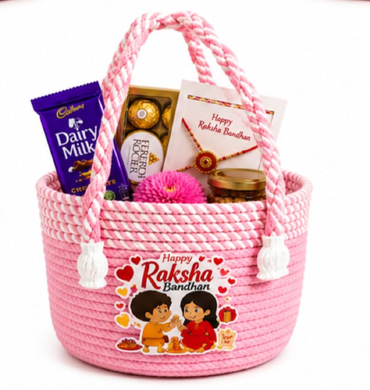 Image of Raksha Bandhan Gift Hamper Basket | Handmade Pink Cotton Rope Storage Basket with Handle | Decorative Organizer for Chocolates, Dry Fruits, Return Gifts, Home Decor & Festive Celebration (Baby Pink)