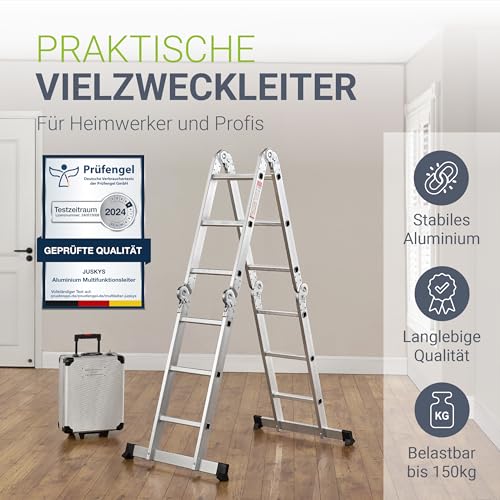 Juskys Aluminium Multifunktionsleiter 3x4 Stufen - 3,6 m Länge klappbar - Leiter 4-teilig bis 150 kg - Gelenkleiter Klappleiter Stehleiter Aluleiter – Bild 3