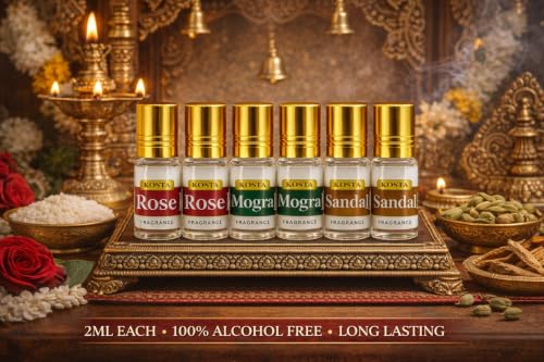 Image of KOSTA Attar Combo Pack of 6 (2ml Each) | Sandalwood (Chandan), Rose (Gulab) & Mogra Perfume Oils | Alcohol-Free Long Lasting Roll-On Attar for Men & Women