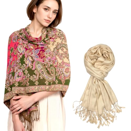 Achillea 2 Pack Solid Champagne Shawl and Paisley Olive Rose Shawl Bundle