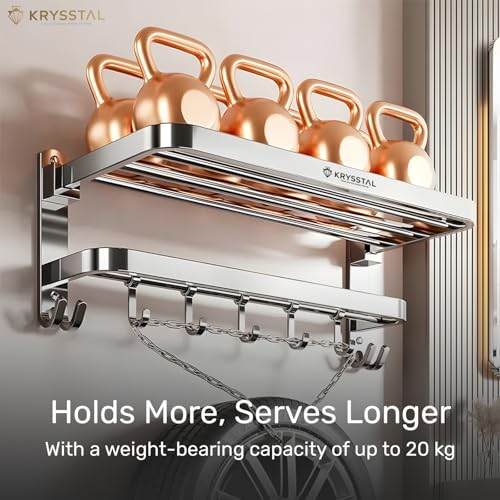 Image of Towel Holder in Bathroom - Towel Hanger for Wall,TwinFlex 304 Stainless Steel Foldable Towel Rack, Rustproof Wall Mounted Bathroom Shelf with Hooks, Heavy Duty Bathroom Accessories,24 Inch, Silver