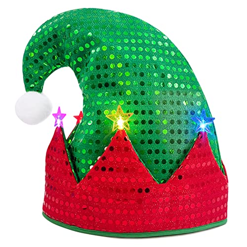 WTTORDE Elf Hat,Christmas LED Santa Hats?Light Up Elves Caps Costume Accessory,Funny Xmas Holiday Party Favors Gifts for Plays?Stage Performances,Pageants,Cosplay, New Year, Birthdays Red Green