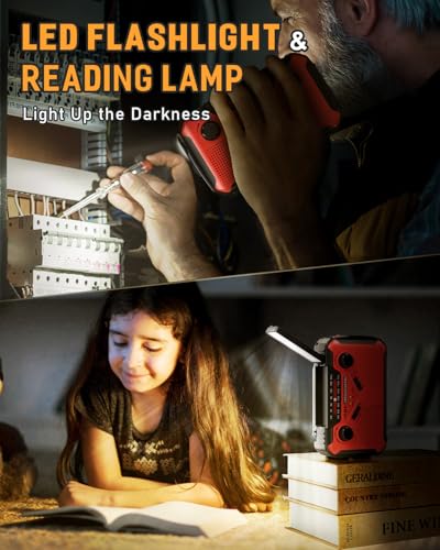 PRUNUS J-369 Emergency Crank Radio, 11100mWh AA Batteries/Hand Crank/Solar/USB Charging, NOAA/AM/FM, LED Flashlight and Reading Lamp,SOS Alarm & Flashlight