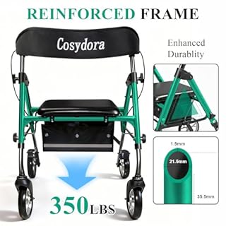 Cosydora Rollator Walkers for Seniors with Seat, 13.6 Lbs Ultra Lightweight Foldable Rolling Walker, 350Lbs Heavy Duty Aluminum, 8" All Terrain Wheels, Dual Adjustable Height, Shimmer Green