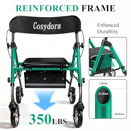 Image of Cosydora Rollator Walkers for Seniors with Seat, 15 Lbs Ultra Lightweight | Aluminum Foldable Rolling Walker, 350Lbs Heavy Duty, 8 inch All Terrain Wheels, Dual Adjustable Height, Shimmer Green