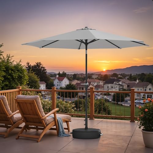 Image of Greesum Outdoor Patio Umbrella with Base, Table Umbrella with 8 Sturdy Ribs, Push Button Tilt and Crank, Market Table Parasol for Garden, Lawn, Backyard & Pool, White