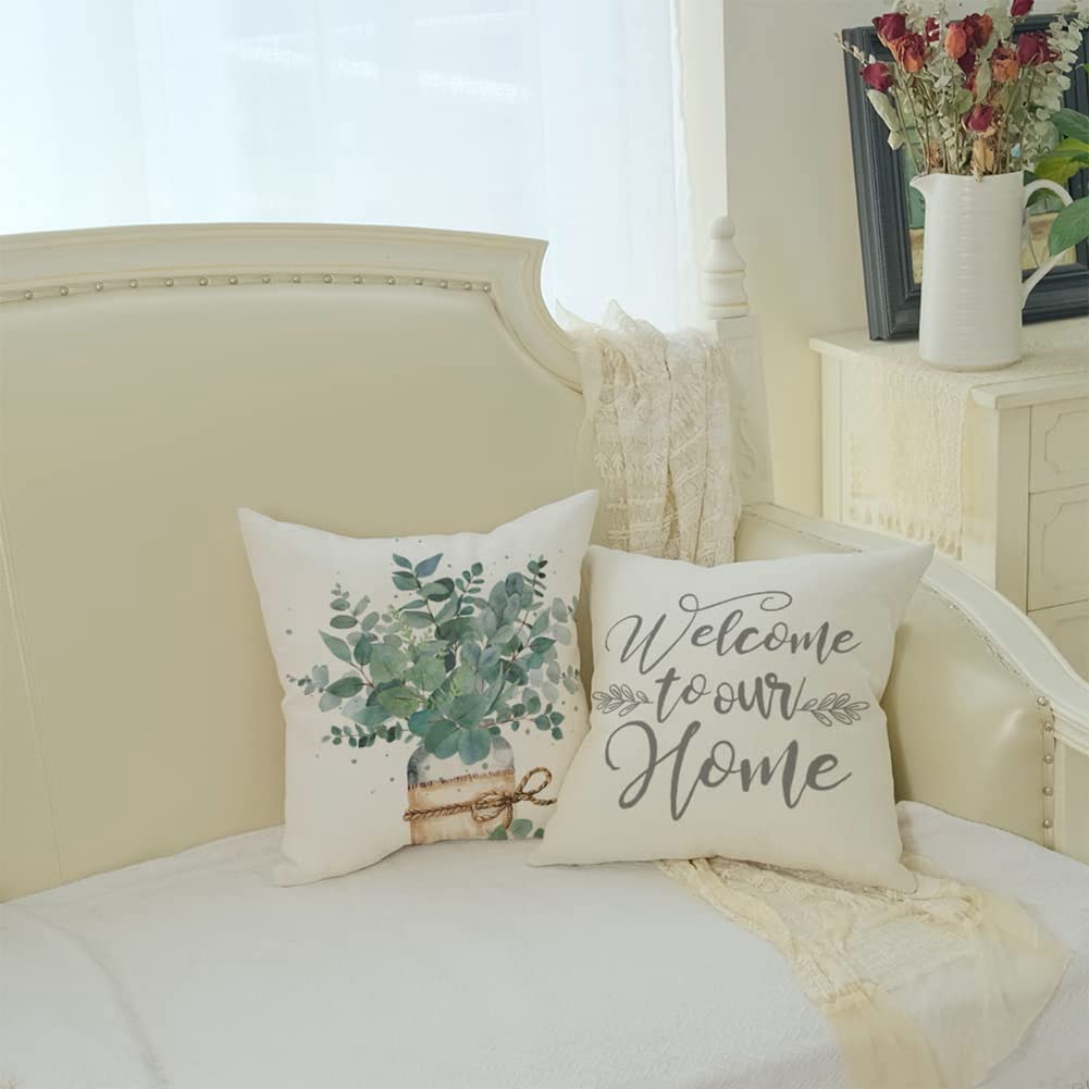 Set Di 4 Federe Per Cuscini Decorative Primaverili 45x45 Cm - Foglie Di Eucalipto Verdi - Stile Country