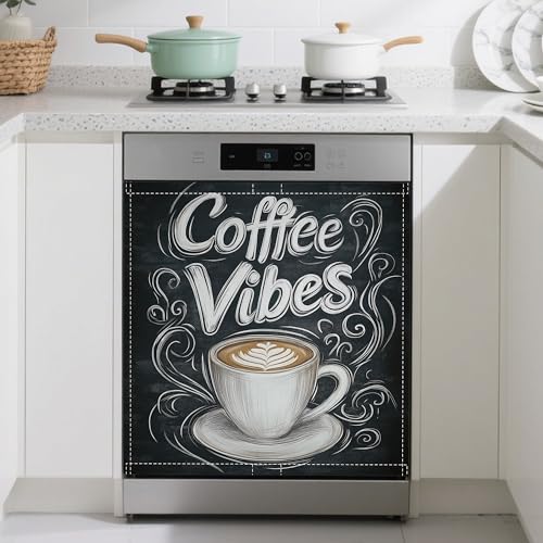 Image of Coffee Cup Words Dishwasher Magnets Decorative Cover,Coffee Vibes Magnet Fridge Panel Decal for Home Kitchen Decor,23x26 in