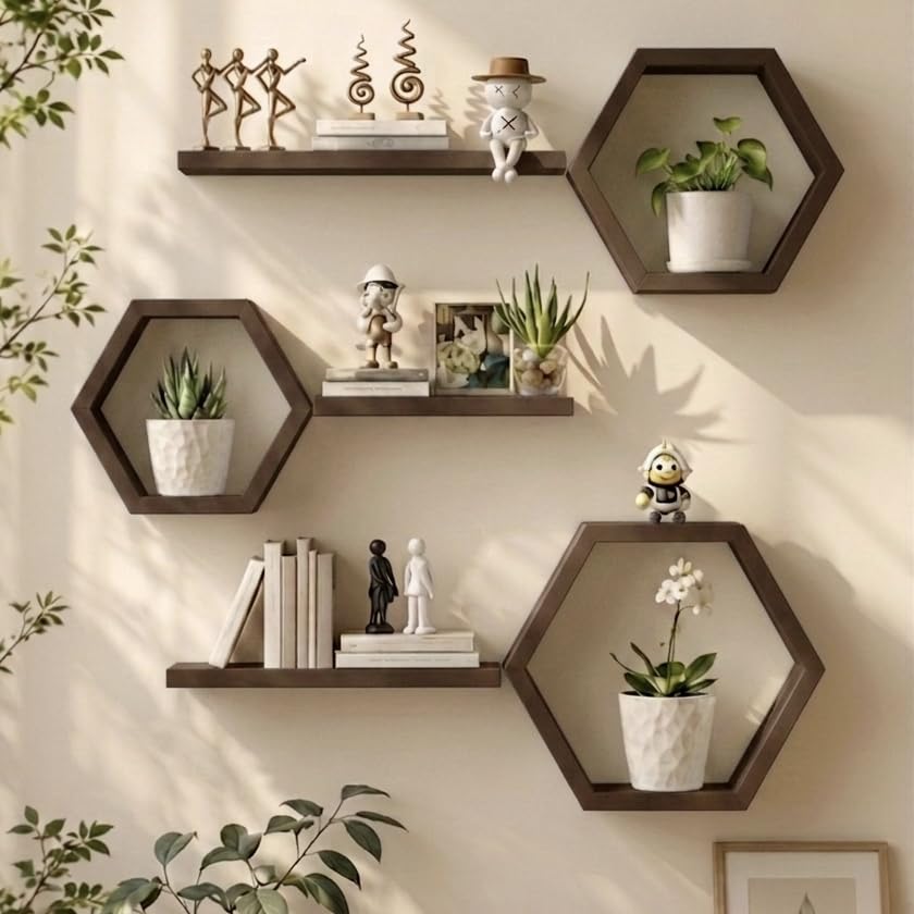 Hexagon Floating Wall Shelves Engineered Wood Modern Decor Set of 6 [BROWN] | The shelf is very simple to mount on the wall and comes with all the necessary fittings.-picture-28