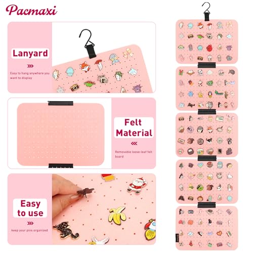 Image of PACMAXI Hanging Enamel Lapel Pin Display Panels Organizer With 5 Loose-leaf Board Pieces, Brooch Pin Enamel Pin Display Pages, Badge Collection Display Holder Holds At Least 120 Pins. (Pink)